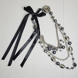 *  Statement necklace silver tone chain  ribbon tie multi strand  bead 50"